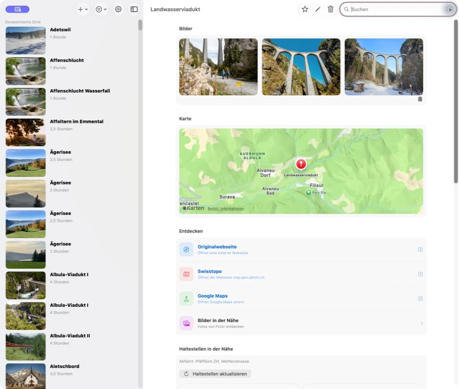 PinPuma auf dem Mac: Ortssammlung in der Seitenleiste, Fotos und Karte des Landwasserviadukts
