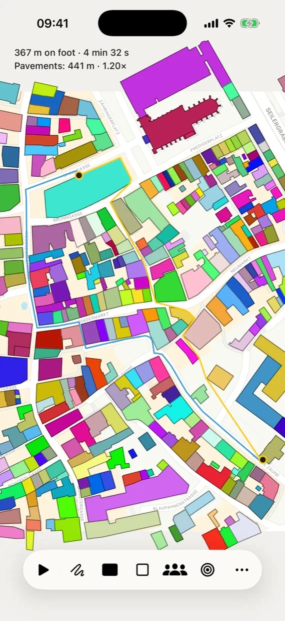 Importierte Stadtkarte in Walky Go mit einer eingezeichneten Fussgängerroute